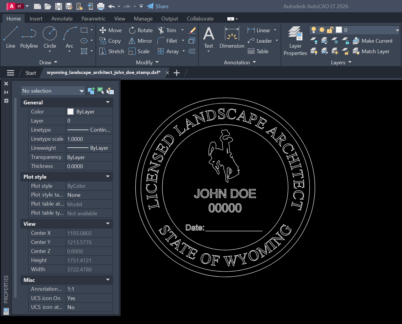 Wyoming Landscape Architect stamp DXF opened in AutoCAD