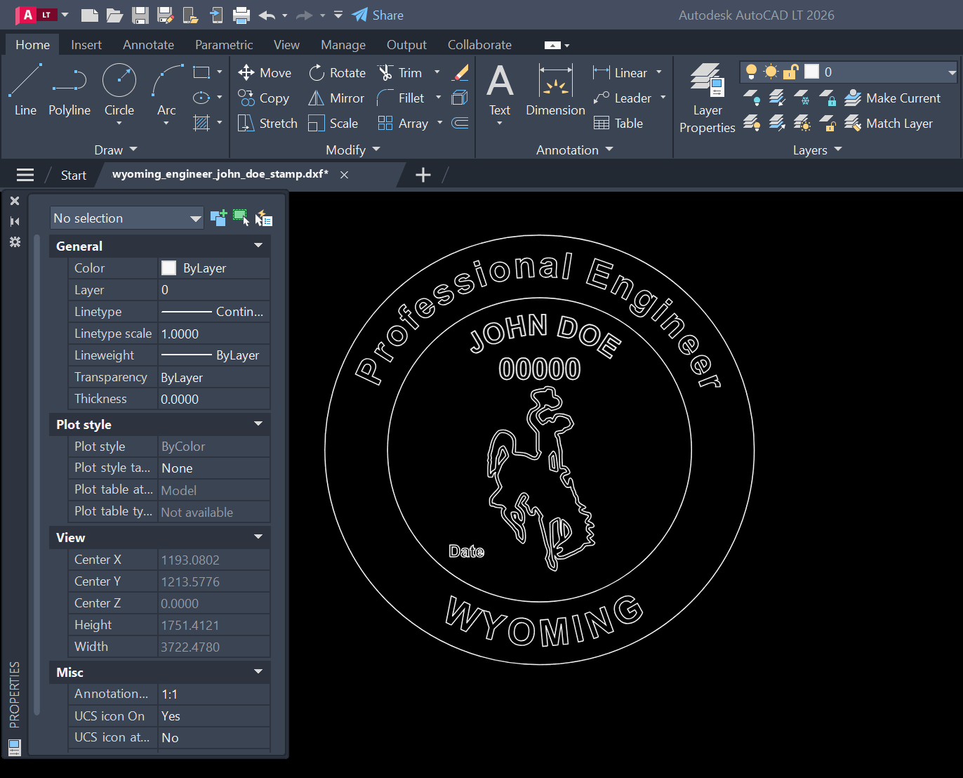 Wyoming PE stamp DXF opened in AutoCAD
