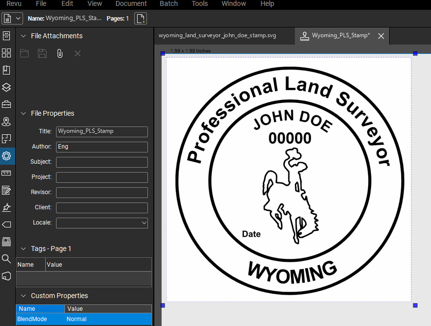 Wyoming Land Surveyor stamp applied to a PDF drawing in Bluebeam Revu
