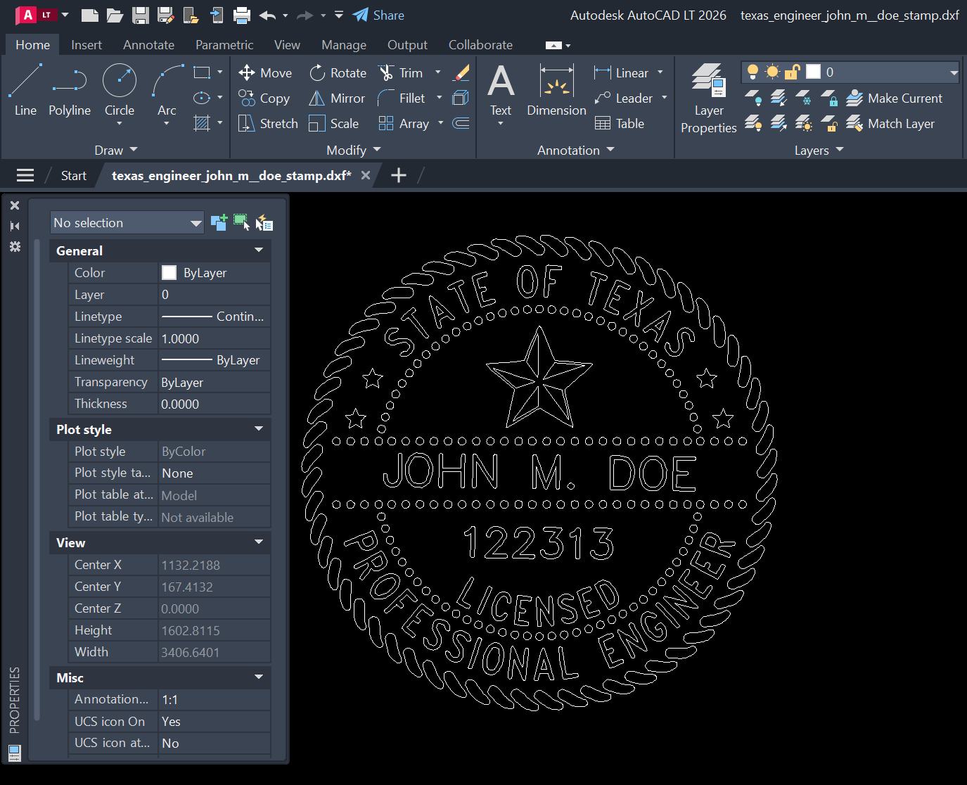 Texas PE stamp DXF opened in AutoCAD