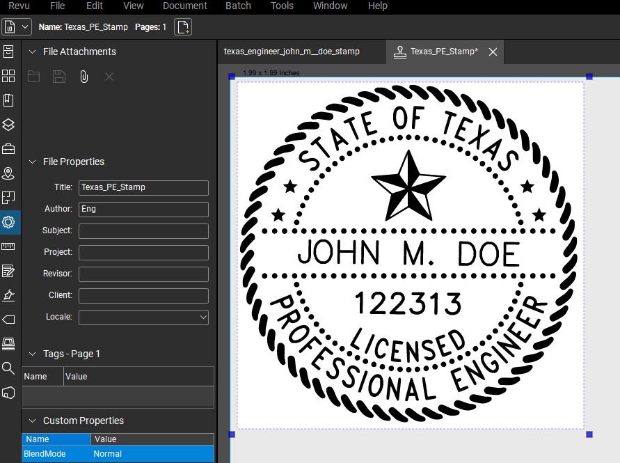 Texas PE stamp applied to a PDF drawing in Bluebeam Revu