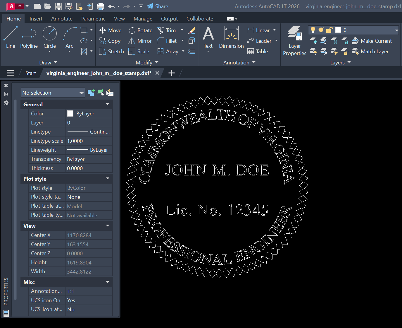 Virginia PE stamp DXF opened in AutoCAD