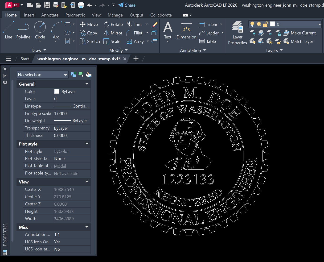 Washington PE stamp DXF opened in AutoCAD