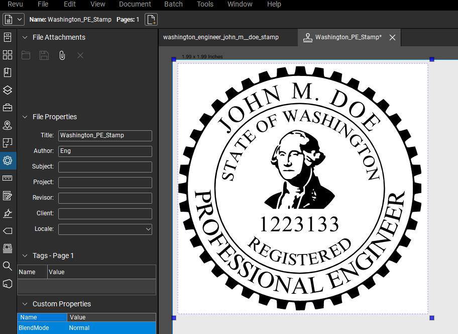 Washington PE stamp applied to a PDF drawing in Bluebeam Revu