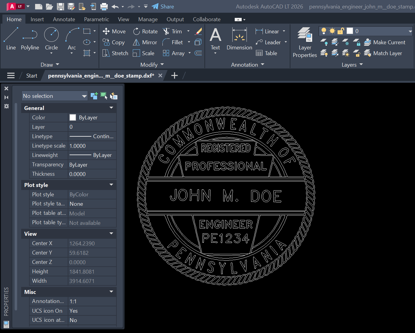 Pennsylvania PE stamp DXF opened in AutoCAD