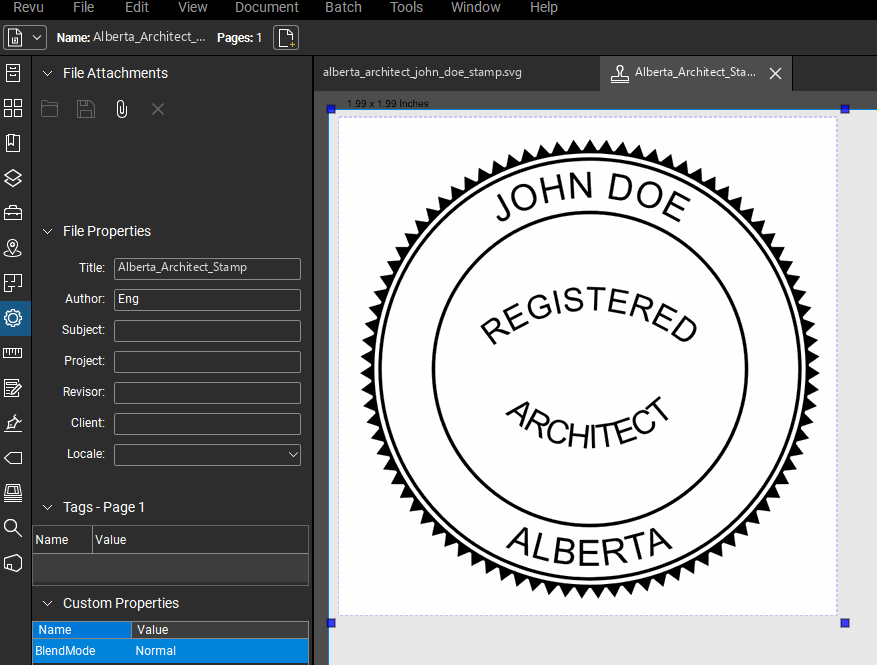 Alberta Architect stamp applied to a PDF drawing in Bluebeam Revu