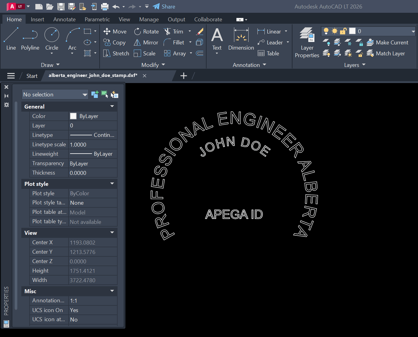 Alberta PE stamp DXF opened in AutoCAD