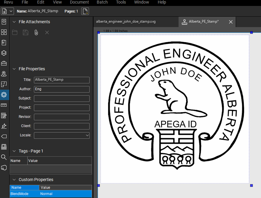 Alberta PE stamp applied to a PDF drawing in Bluebeam Revu