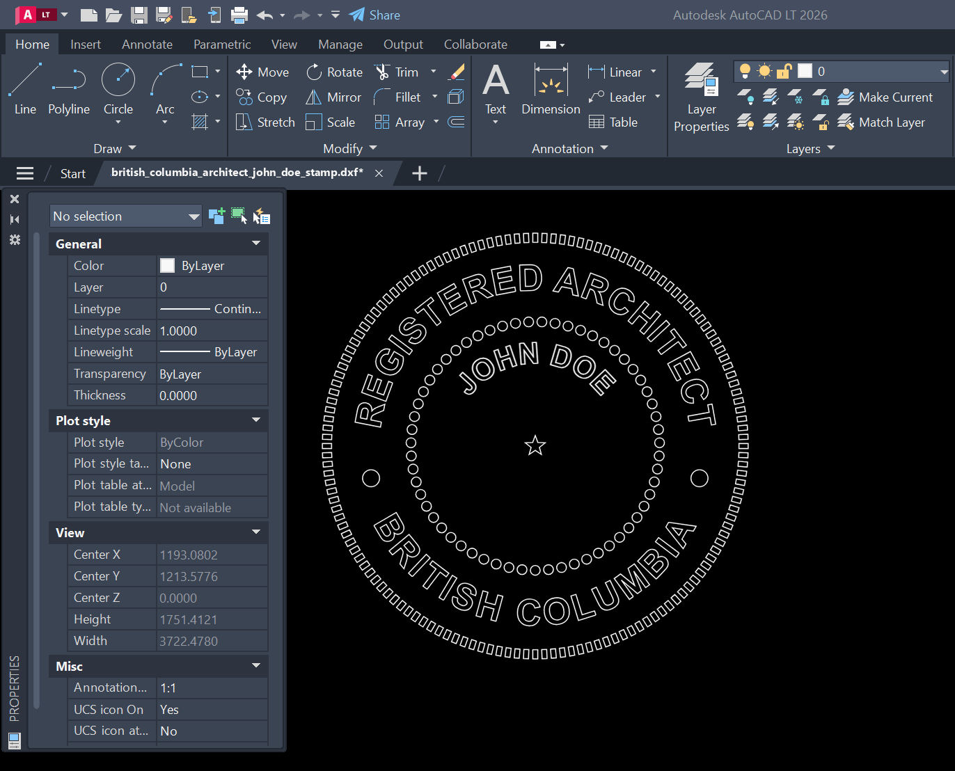 British Columbia Architect stamp DXF opened in AutoCAD