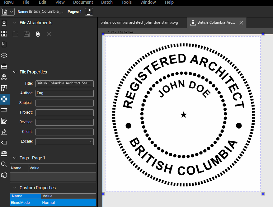 British Columbia Architect stamp applied to a PDF drawing in Bluebeam Revu