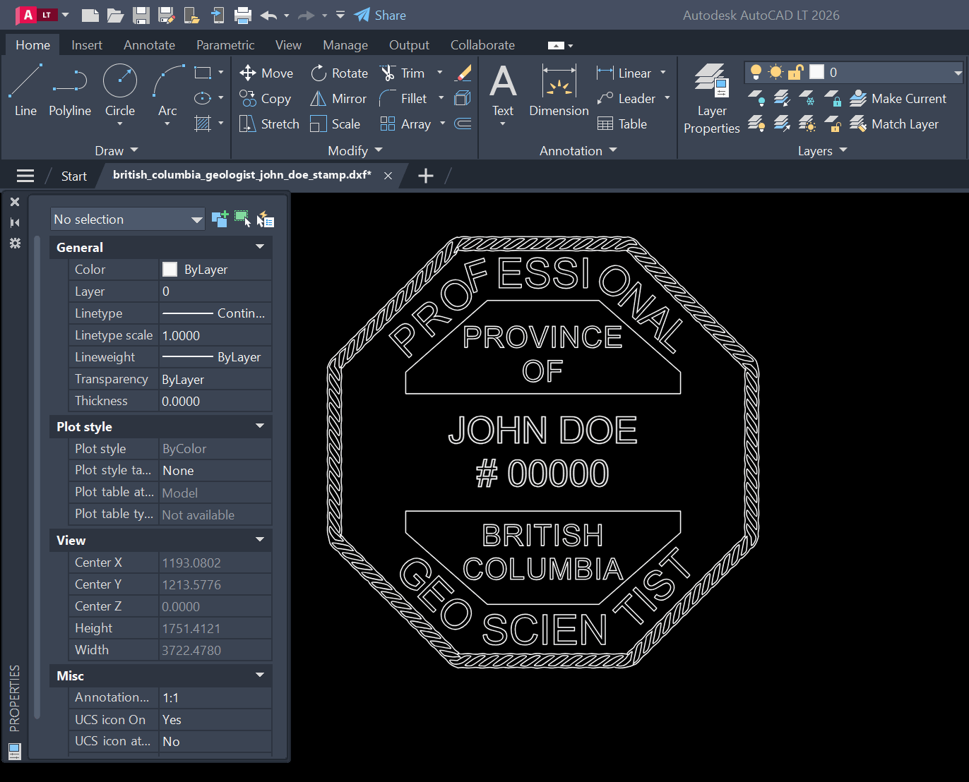 British Columbia Geologist stamp DXF opened in AutoCAD