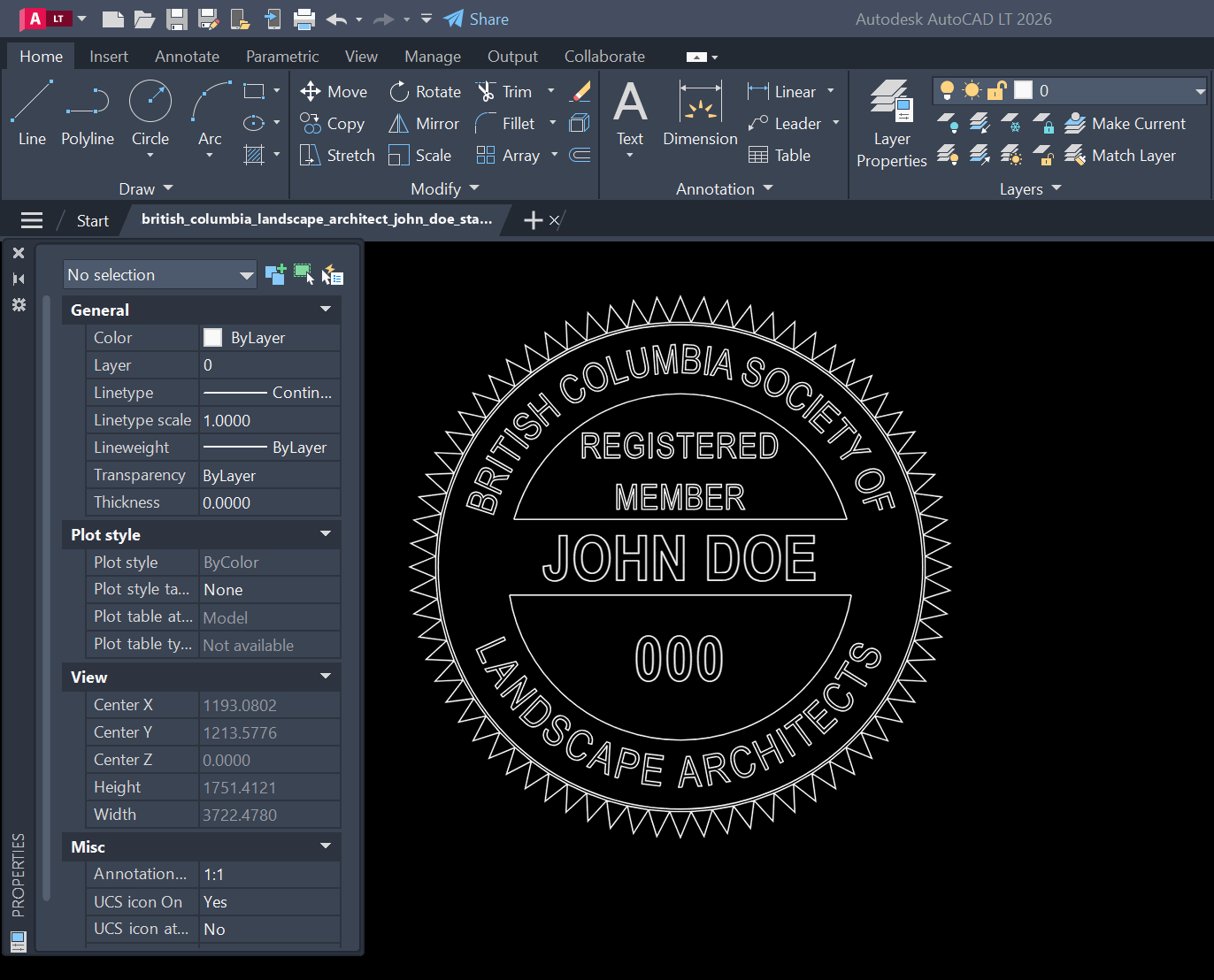 British Columbia Landscape Architect stamp DXF opened in AutoCAD