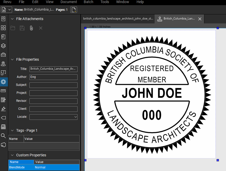British Columbia Landscape Architect stamp applied to a PDF drawing in Bluebeam Revu