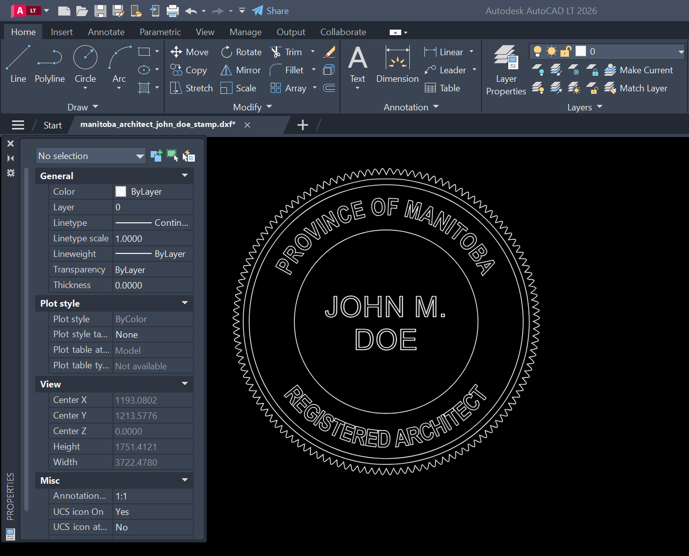Manitoba Architect stamp DXF opened in AutoCAD