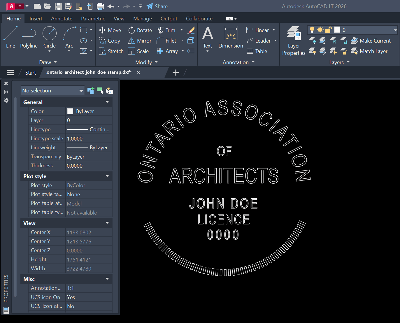 Ontario Architect stamp DXF opened in AutoCAD