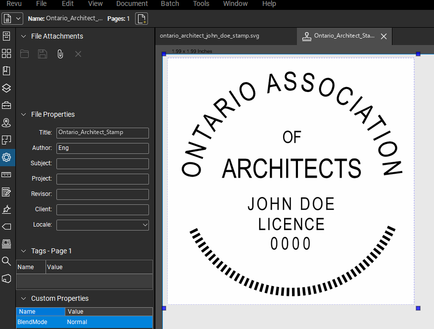 Ontario Architect stamp applied to a PDF drawing in Bluebeam Revu