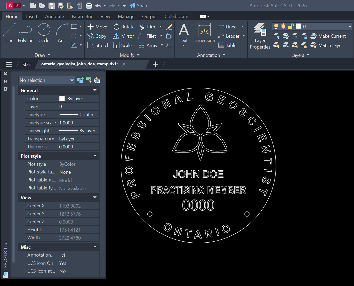 Ontario Geologist stamp DXF opened in AutoCAD