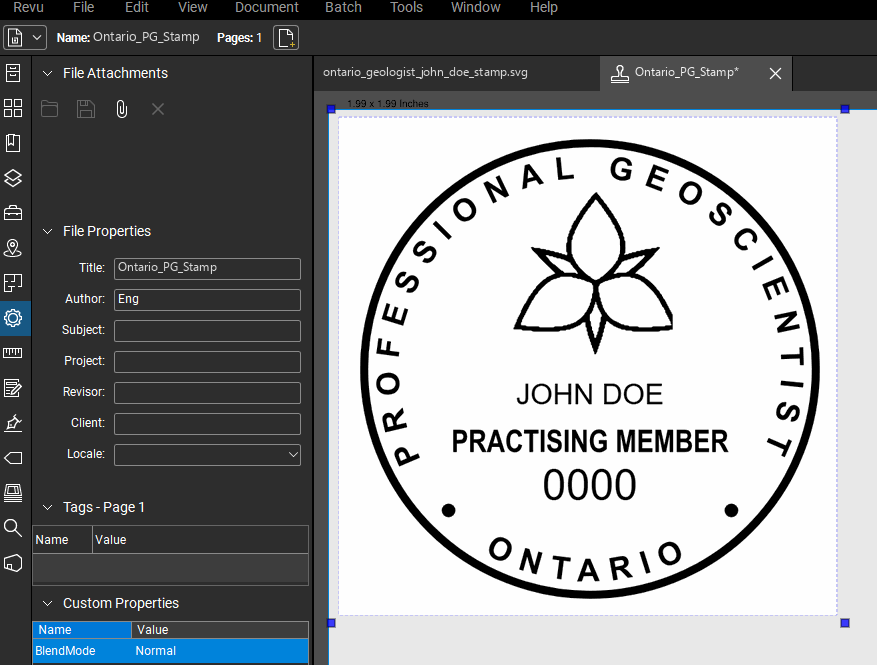 Ontario Geologist stamp applied to a PDF drawing in Bluebeam Revu