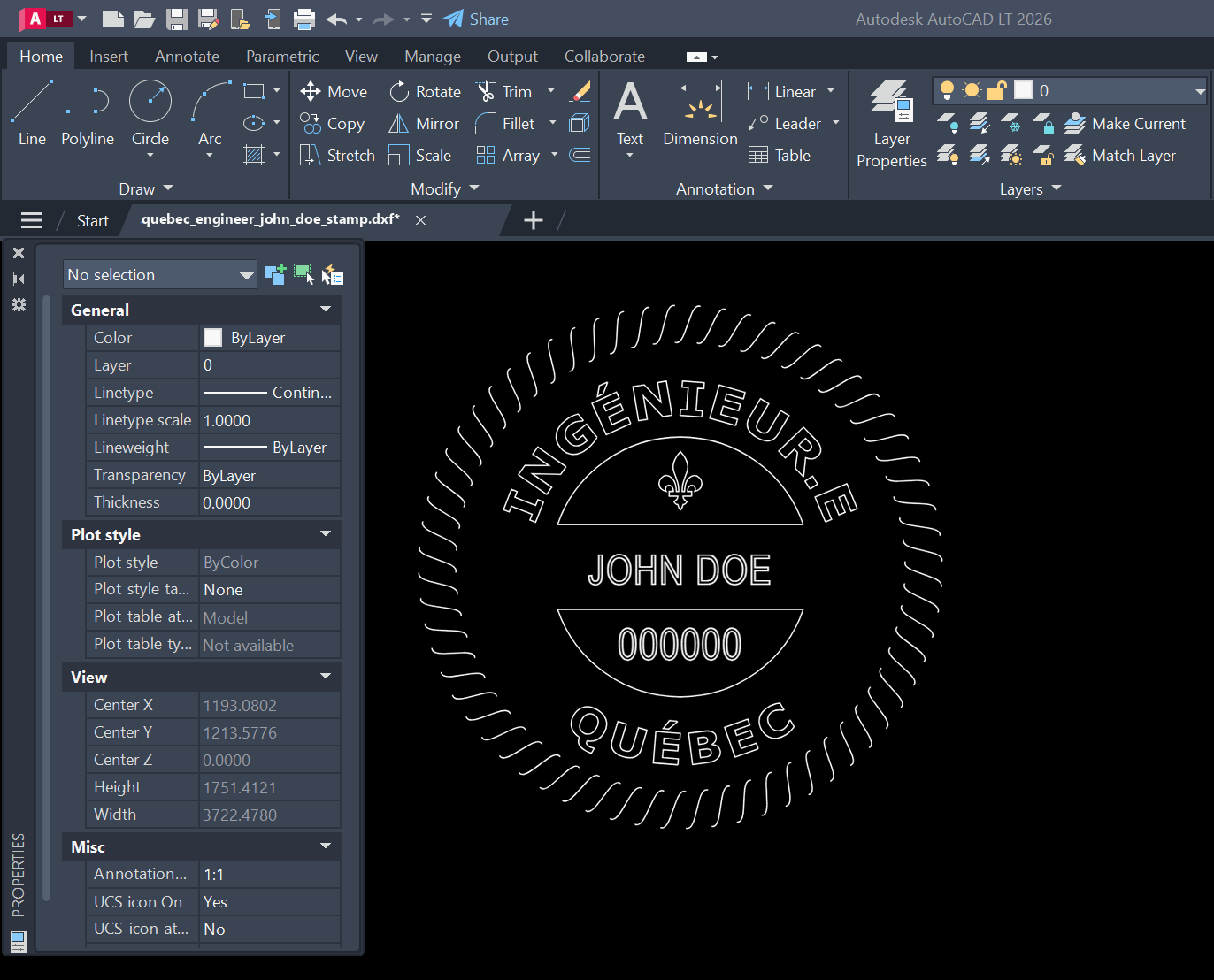 Quebec PE stamp DXF opened in AutoCAD
