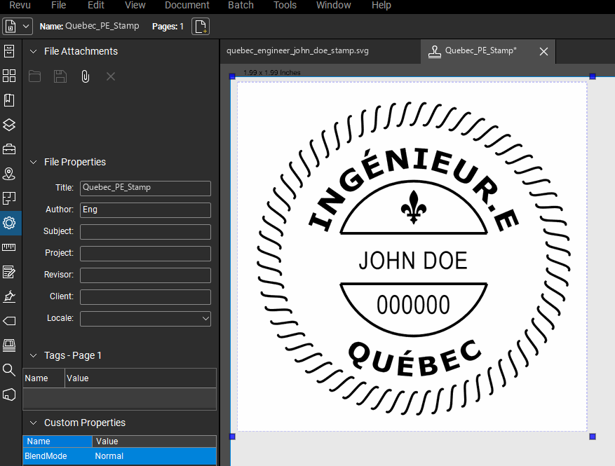Quebec PE stamp applied to a PDF drawing in Bluebeam Revu