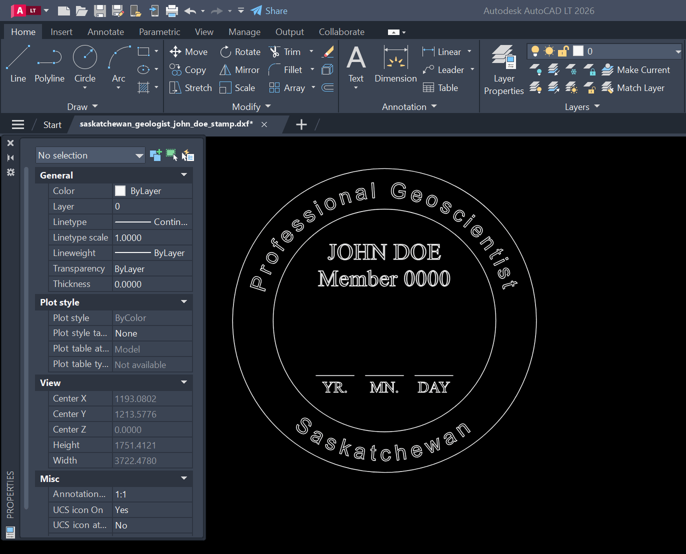 Saskatchewan Geologist stamp DXF opened in AutoCAD