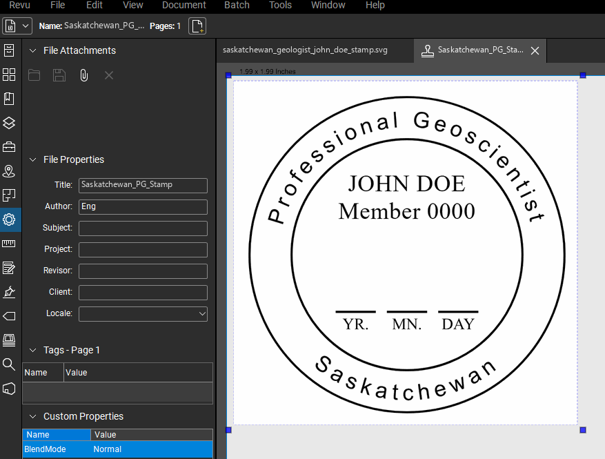 Saskatchewan Geologist stamp applied to a PDF drawing in Bluebeam Revu
