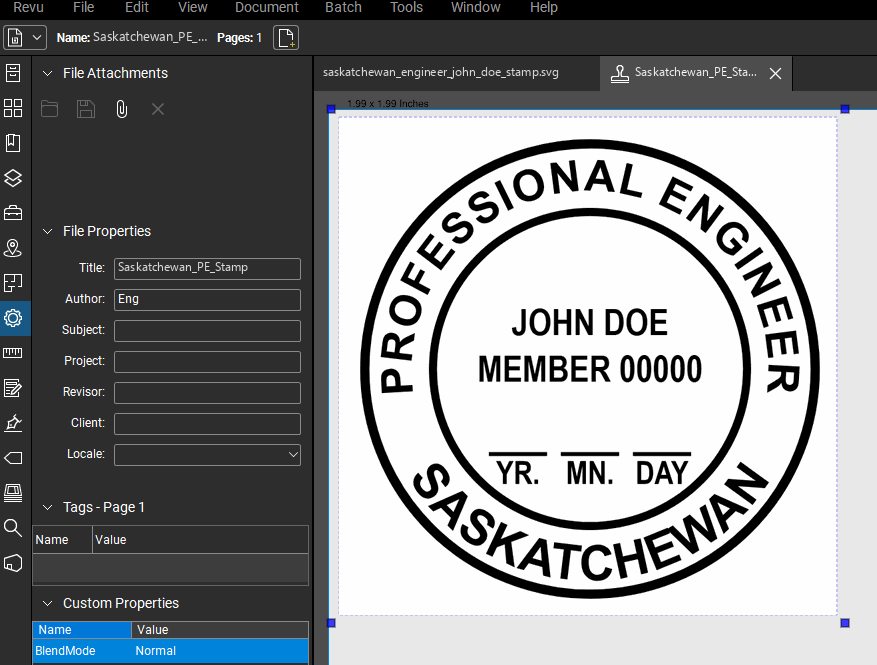 Saskatchewan PE stamp applied to a PDF drawing in Bluebeam Revu